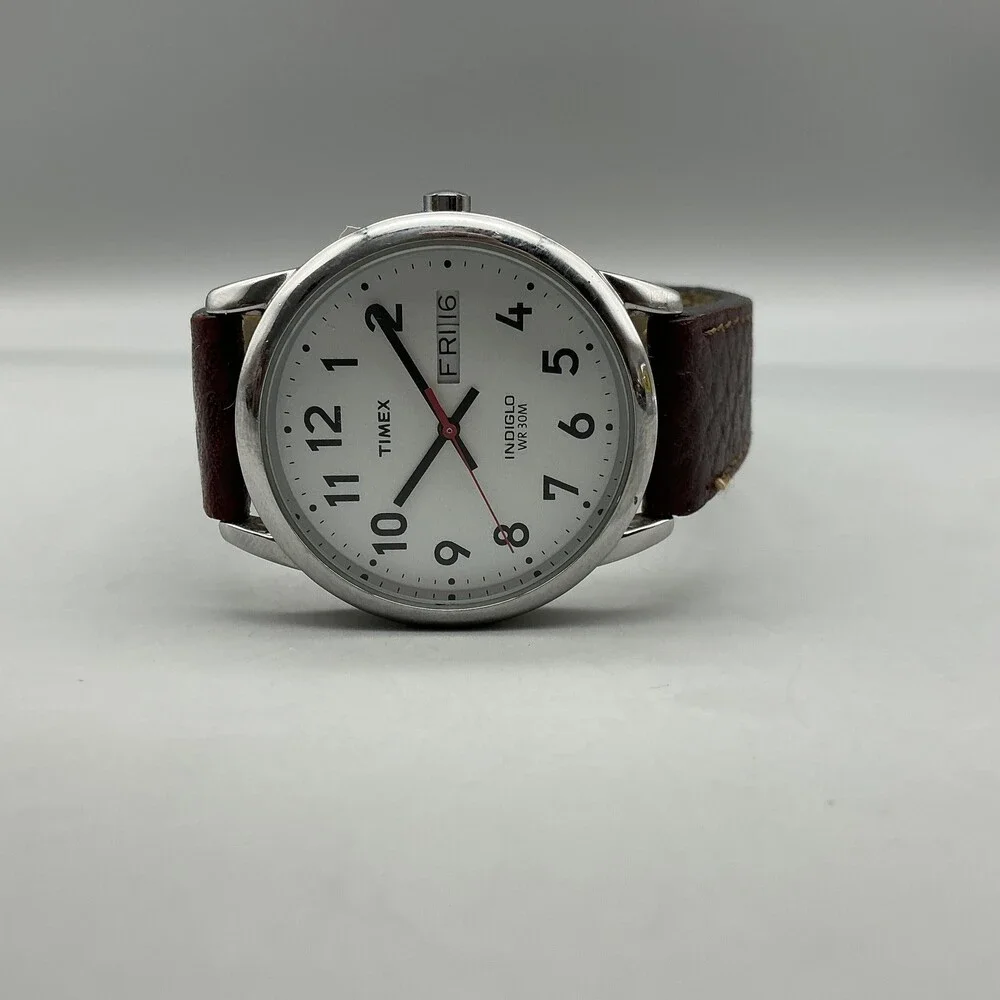 Timex Indiglo WR 30M Mens Watch 35mm Silver Tone Leather Day Date New Battery